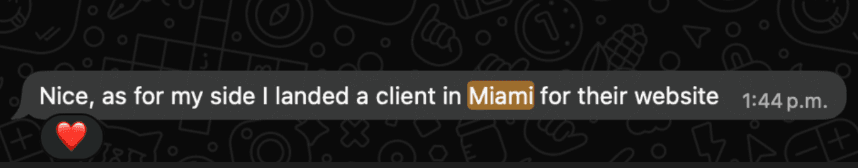 Screenshot of John Stevans Alvarez sharing that he landed a client in Miami for their website.