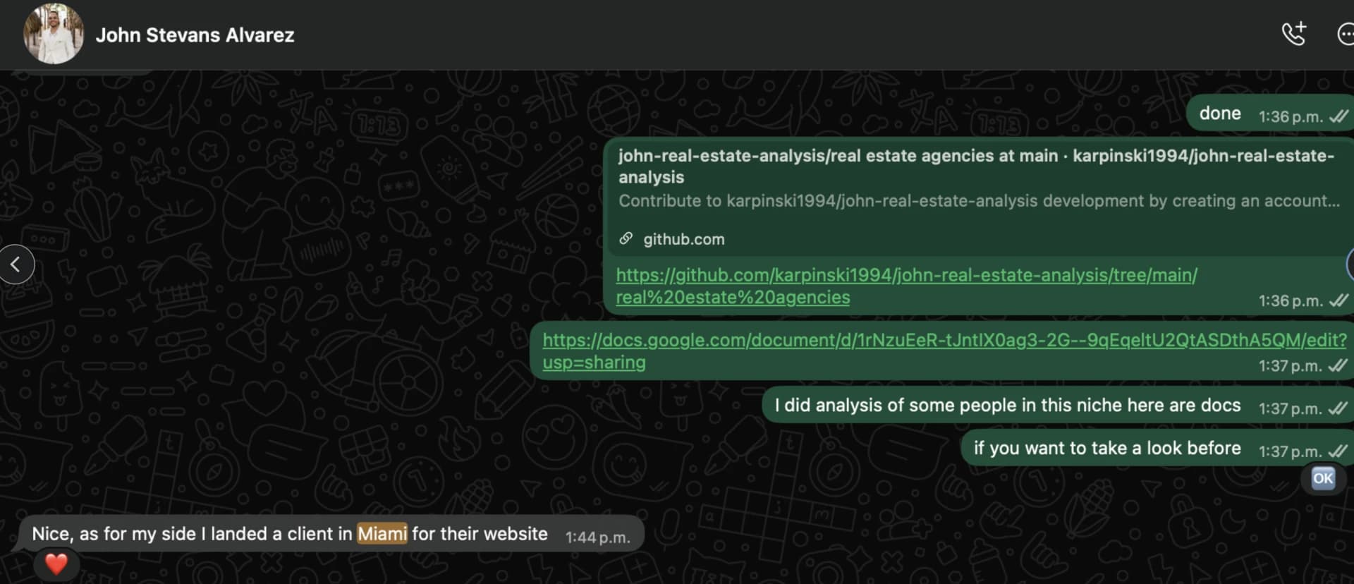 Screenshot of John Stevans Alvarez sharing that he landed a client in Miami for their website.