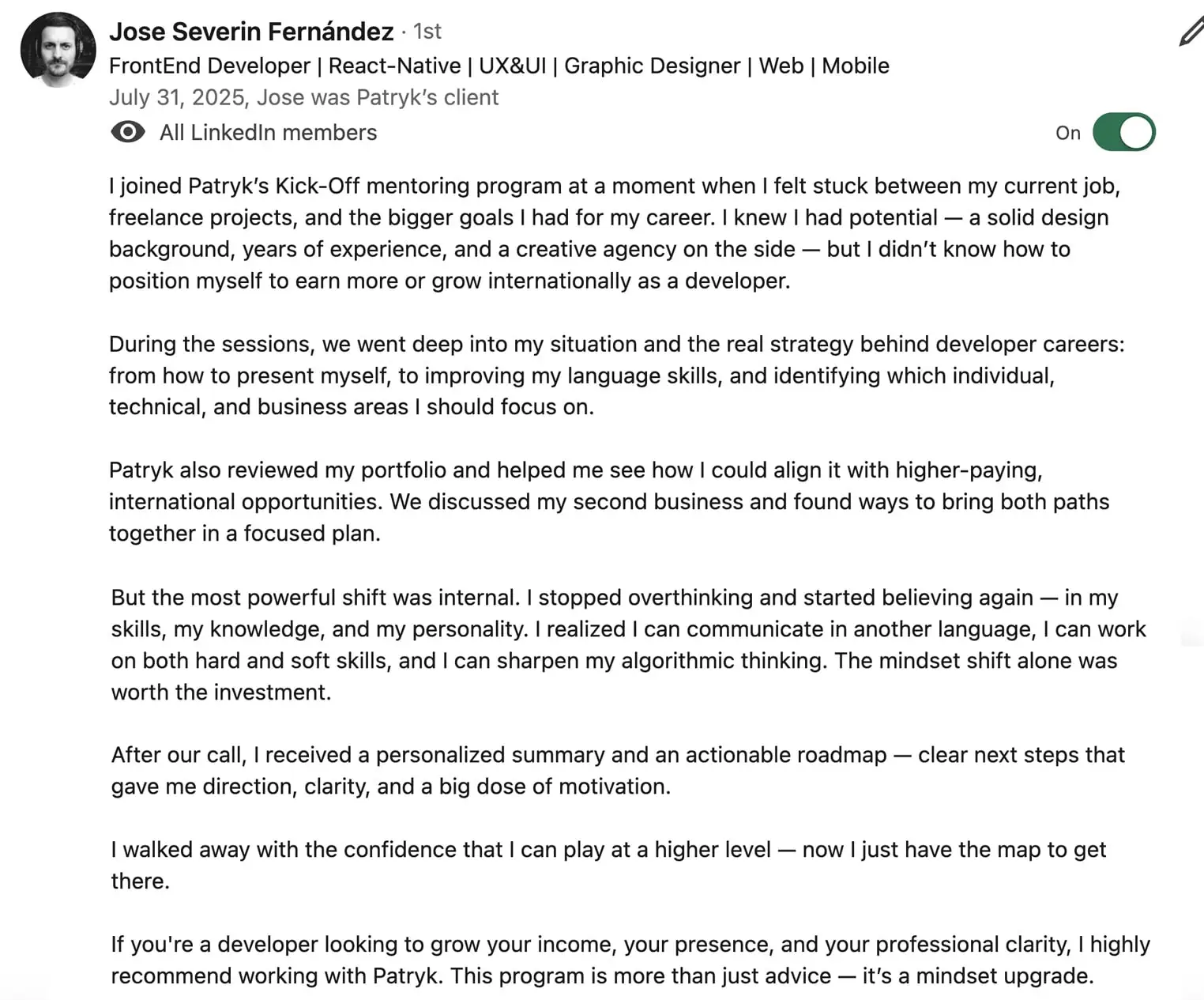 Jose, a front-end developer from a developing country, shares how the Rockstar Programmer kickoff program boosted his confidence and income.