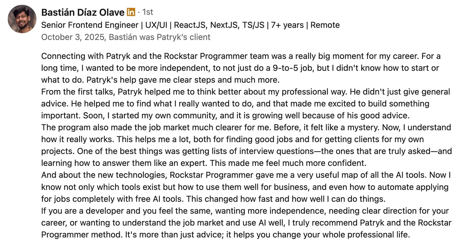 Testimonial from Bastian, a software developer who started his own business after the Rockstar Programmer method, inspiring developers in emerging economies.