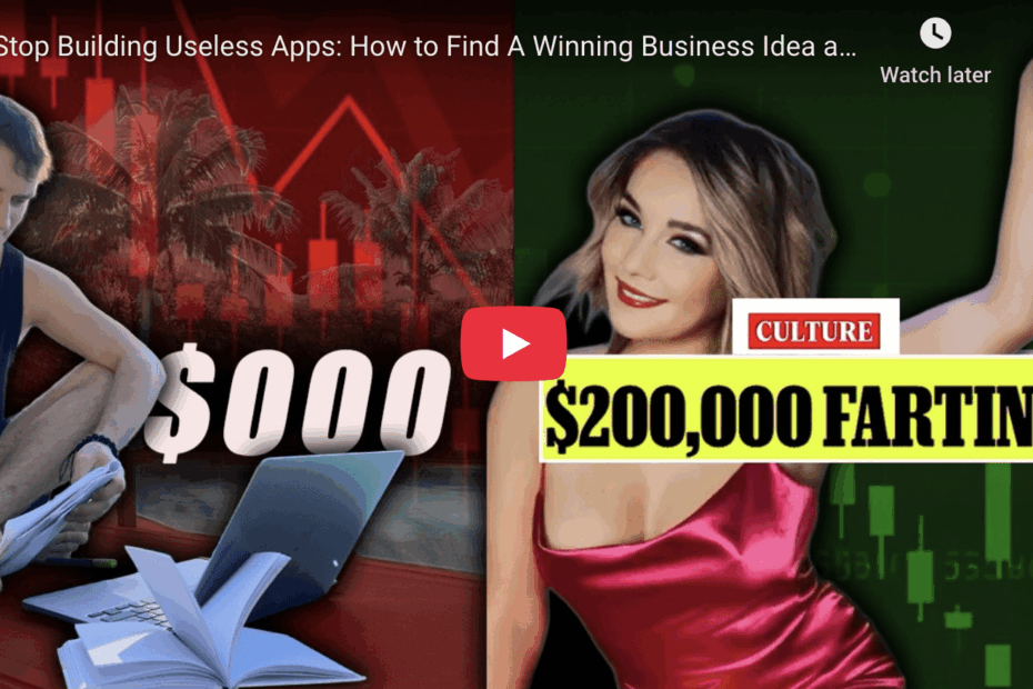 YouTube thumbnail comparing a struggling coder earning $000 vs an influencer earning $200,000, illustrating the challenge to find business ideas that work as a developer.