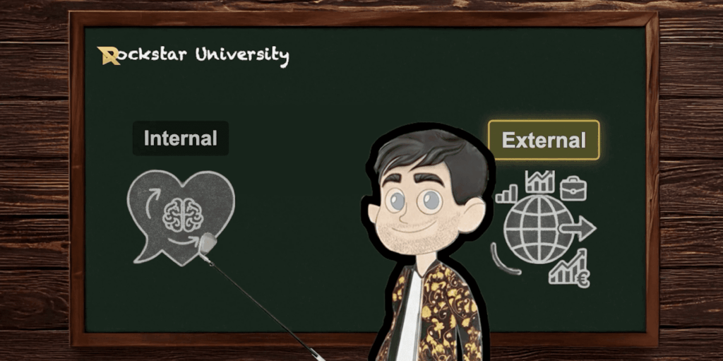 Cartoon instructor at Rockstar University using a chalkboard to explain the Internal vs External framework used to find business ideas that work as a developer.