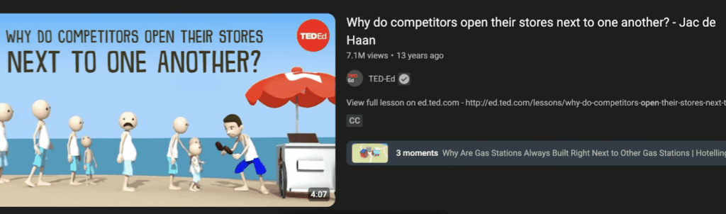 TED-Ed video thumbnail showing ice cream vendors on a beach, illustrating why competition is a good sign when trying to find business ideas that work as a developer.